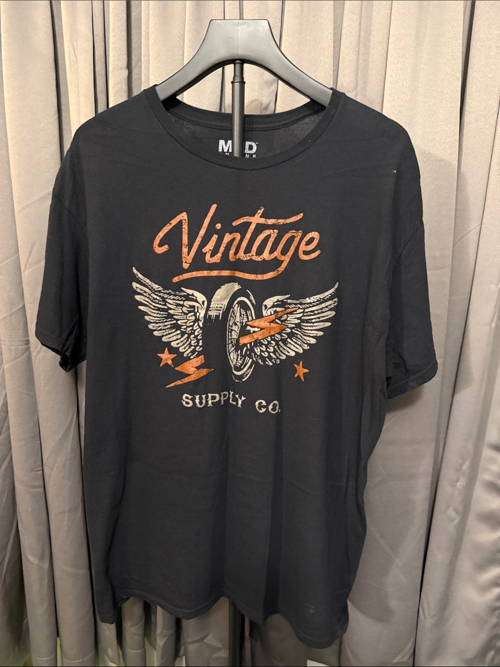 MAD Engine Black Short Sleeve Tee with Orange and Cream Vintage Graphic